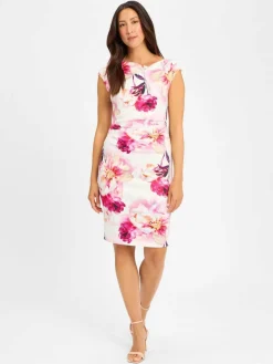 Swing Kleider*Damen Abendkleid ecru pink gemustert