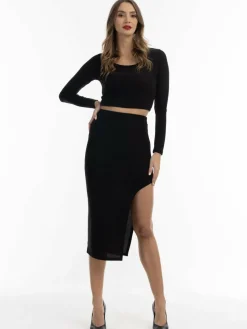 Faina Röcke*Damen Bleistiftrock in Glitzer-Optik schwarz uni