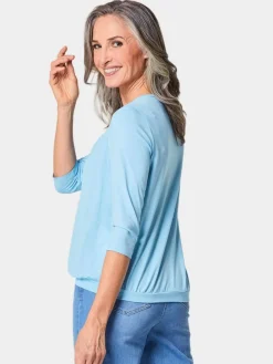 Goldner Blusen*Damen Blusenshirt - Chiffon-Shirt mit 3/4-Arm, Rundhals blau uni