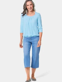 Goldner Blusen*Damen Blusenshirt - Chiffon-Shirt mit 3/4-Arm, Rundhals blau uni