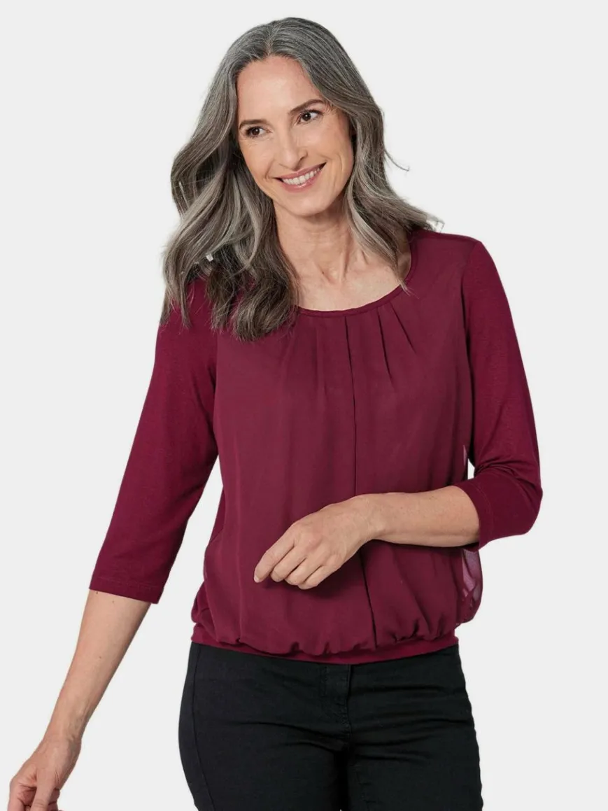 Goldner Blusen*Damen Blusenshirt - Chiffon-Shirt mit 3/4-Arm, Rundhals bordeaux uni