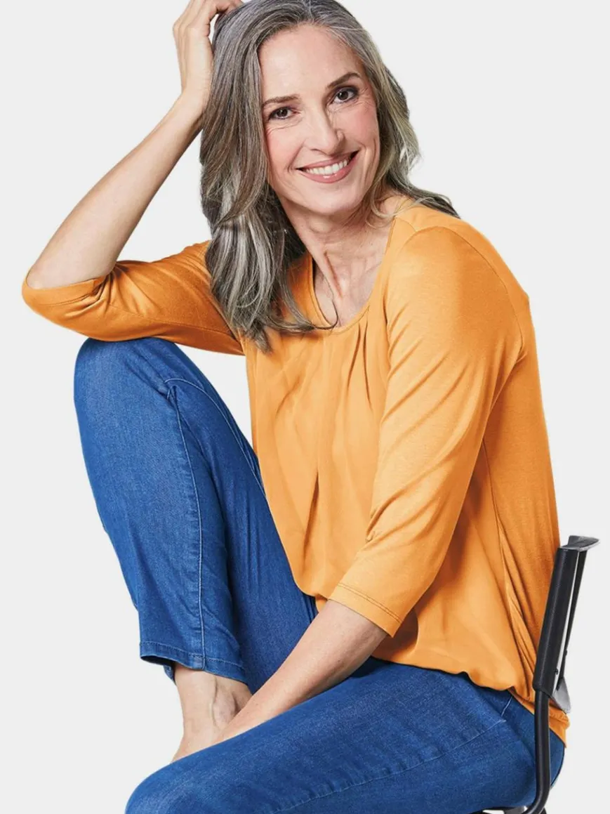 Goldner Blusen*Damen Blusenshirt - Chiffon-Shirt mit 3/4-Arm, Rundhals gelb uni