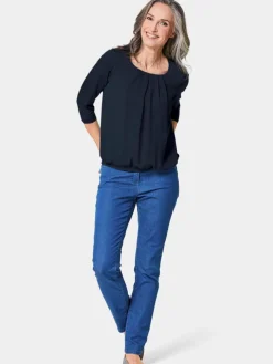 Goldner Blusen*Damen Blusenshirt - Chiffon-Shirt mit 3/4-Arm, Rundhals marine uni