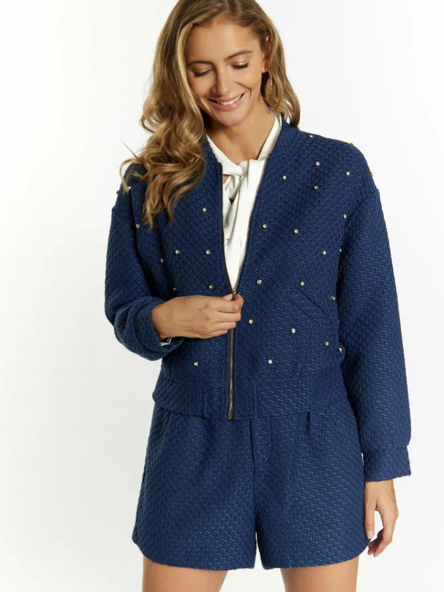 Faina Blazer*Damen Boucé Jacke mit Strass-Steinen marine uni
