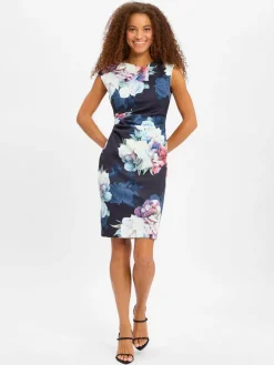 Swing Kleider*Damen Etuikleid marine weiß gemustert