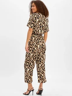 comma Hosen|Kleider*Damen Jumpsuit mit Leinen-Anteil schwarz beige gemustert