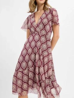 Cartoon Kleider*Damen Kleid aubergine beige gemustert