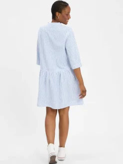 mbyM Kleider*Damen Kleid mit Leinenanteil - Albana hellblau weiß gestreift