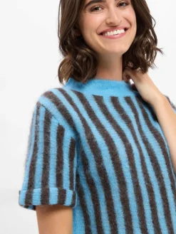 american vintage Pullover & Strickjacken*Damen Kurzarm-Pullover mit Alpaka-Anteil - Nenybay blau schoko gestreift