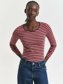 Gant Shirts & Tops*Damen Langarmshirt bordeaux koralle gestreift