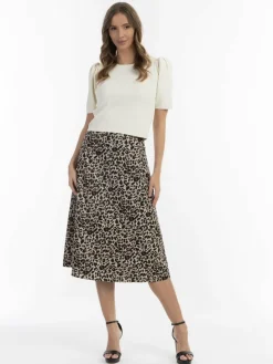 Faina Röcke*Damen Midirock mit Leo-Print beige gemustert