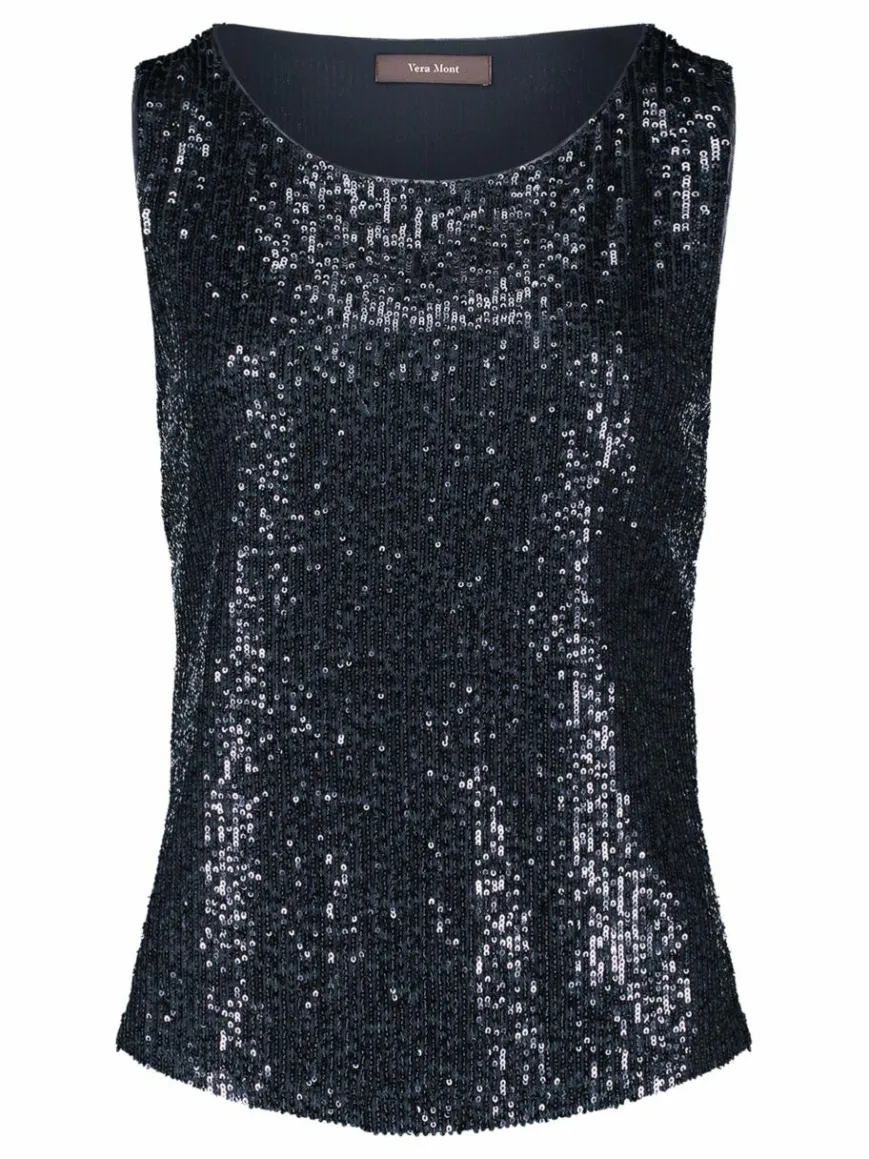 Vera Mont Blusen*Damen Pailletten-Top marine blau uni