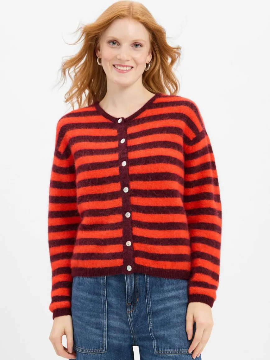 american vintage Pullover & Strickjacken*Damen Strickjacke mit Alpaka- und Leinen-Anteil rot bordeaux gestreift