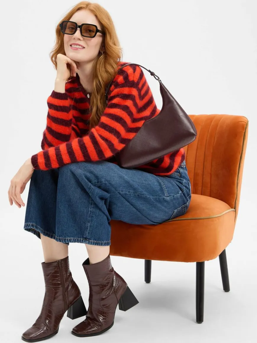 american vintage Pullover & Strickjacken*Damen Strickjacke mit Alpaka- und Leinen-Anteil rot bordeaux gestreift