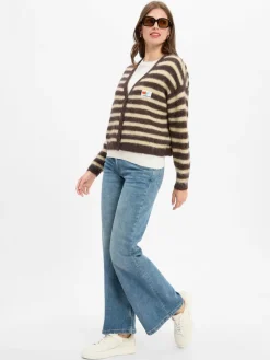 american vintage Pullover & Strickjacken*Damen Strickjacke mit Alpaka-Anteil - Nenybay schoko beige gestreift