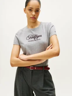 Tommy Hilfiger Shirts & Tops*Damen T-Shirt hellgrau aubergine meliert